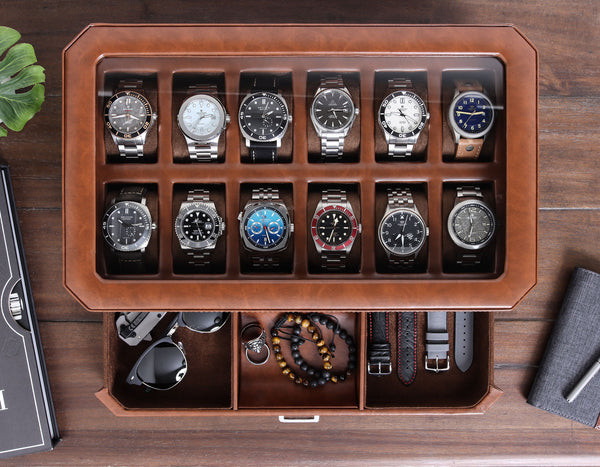 Rothwell 12 Slot Watch Box With Valet Drawer (Tan / Brown