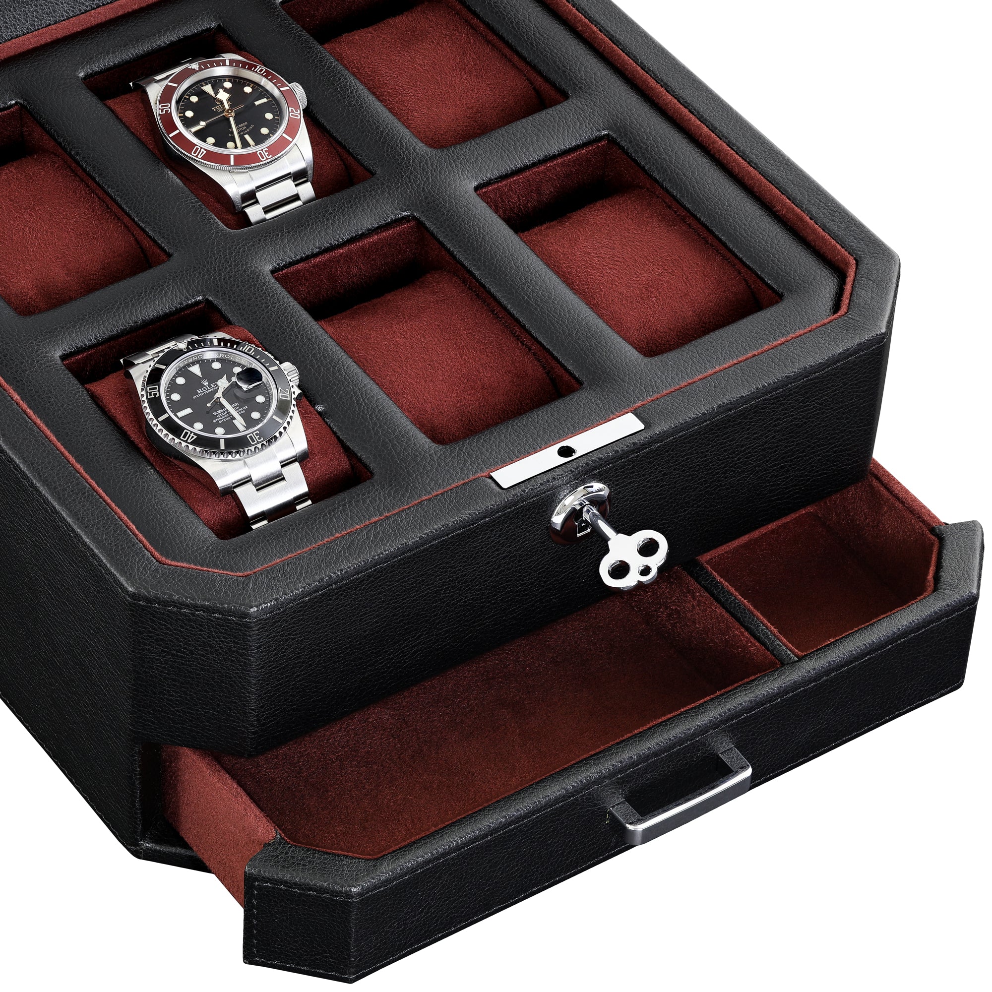 Rothwell Slot Watch Box With Valet Drawer (Black Red