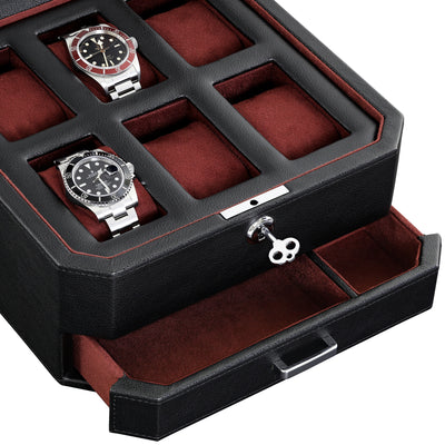 Rothwell 6 Slot Watch Box With Valet Drawer (Black / Red)
