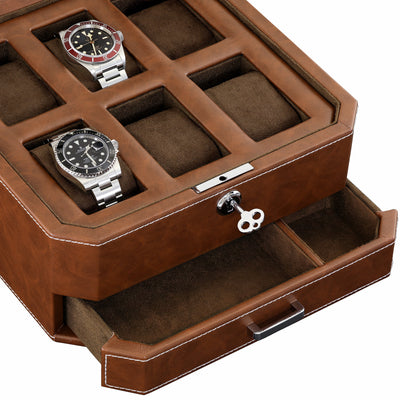 Rothwell 6 Slot Watch Box With Valet Drawer (Tan / Brown)