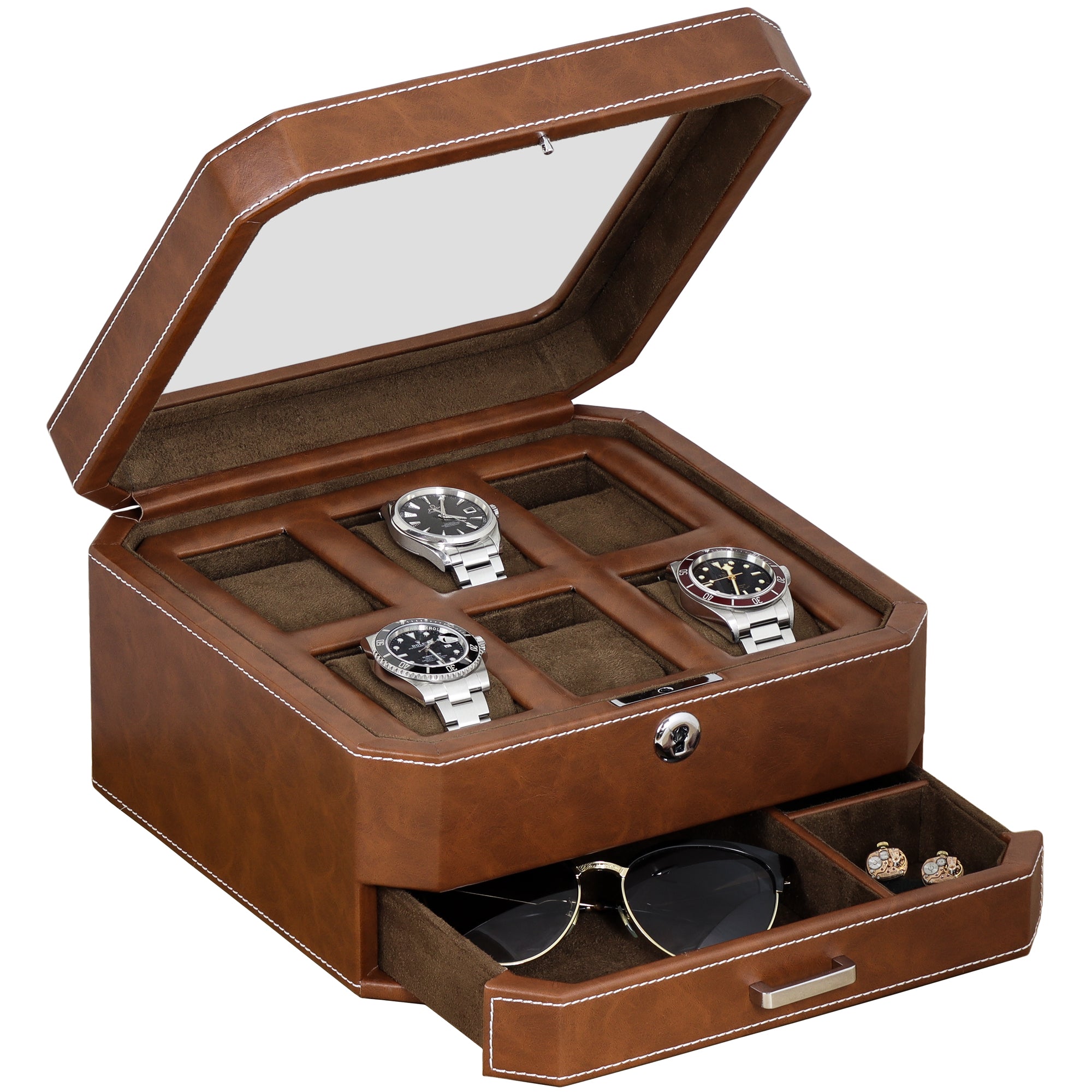 Rothwell 6 Slot Watch Box With Valet Drawer Tan Brown