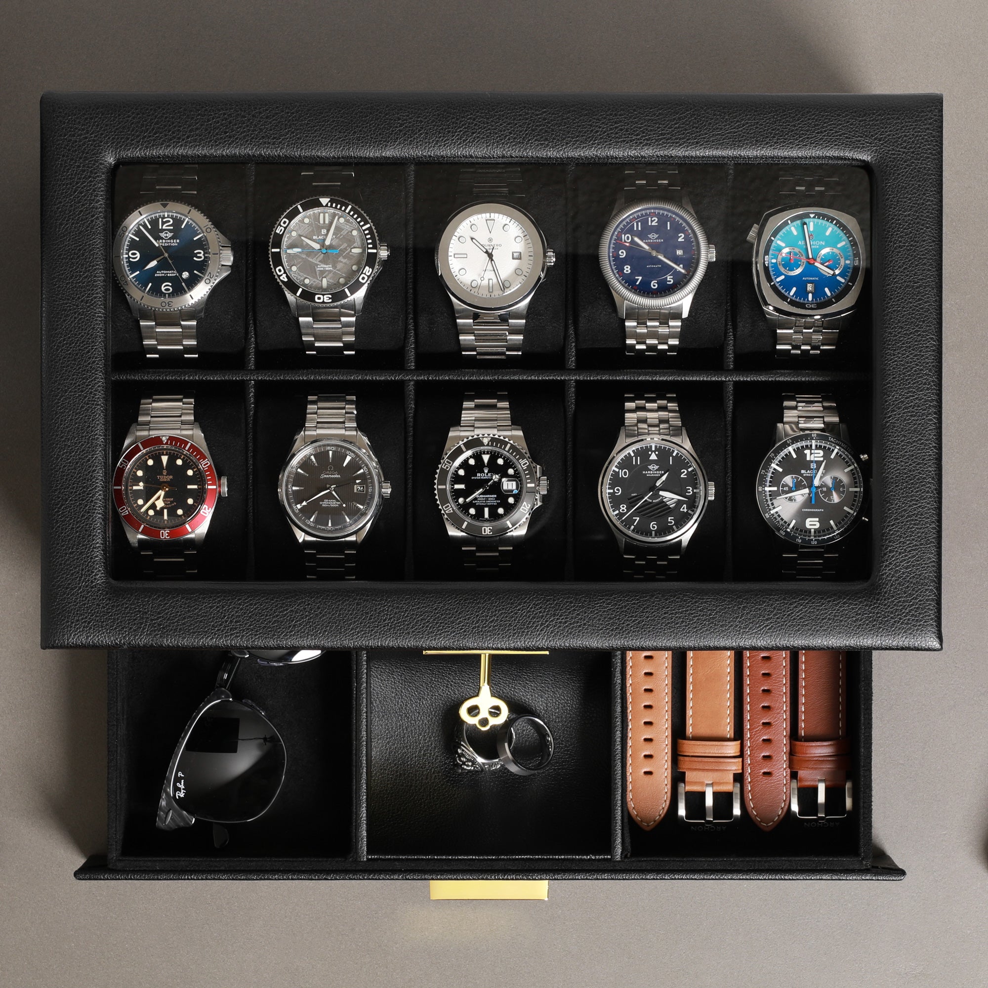 Rothwell 12 Slot Watch Box With Valet Drawer (Black / Grey) - Blacklist  Watches