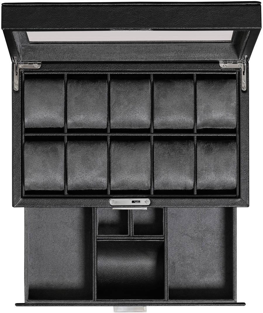 Rothwell 10 Slot Watch Box With Drawer (Black / Grey)