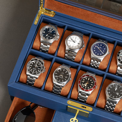 Rothwell 10 Slot Watch Box With Drawer (Blue / Tan)