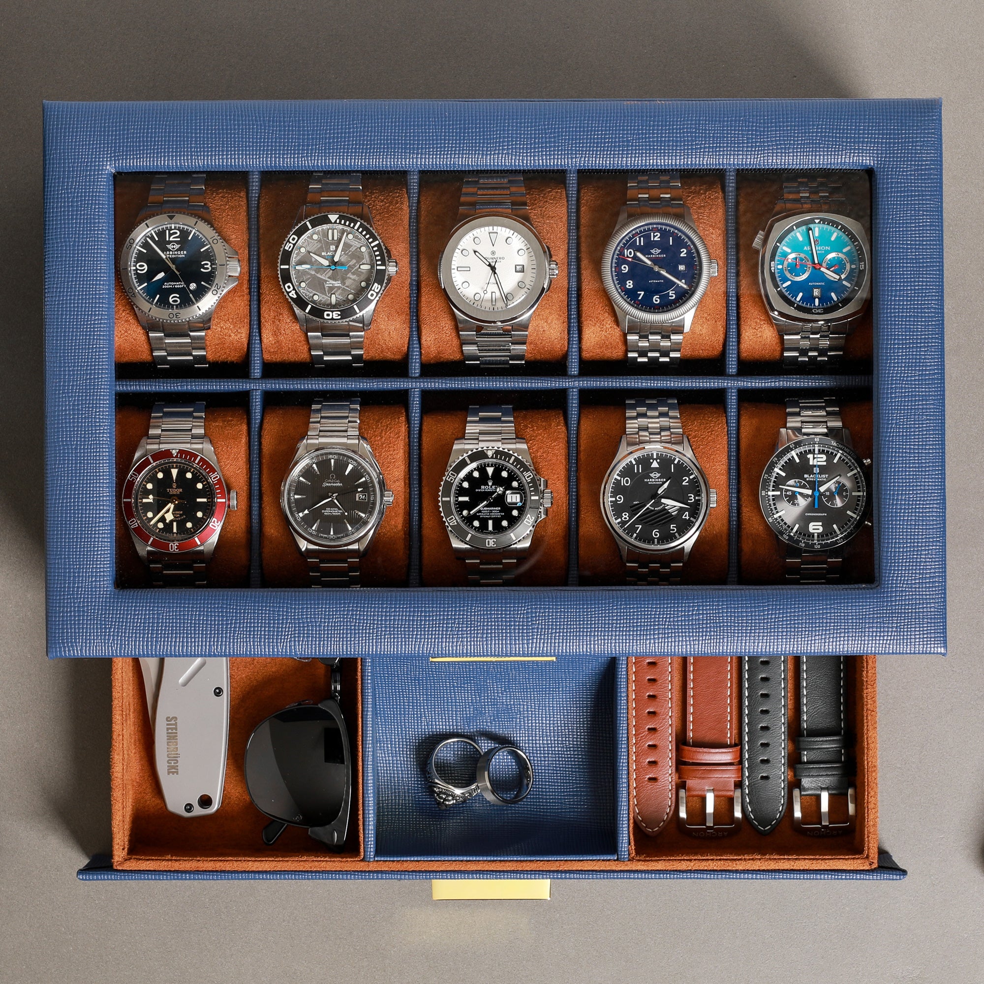 10 Slot Watch Box With (Blue / Tan) - Blacklist Watches