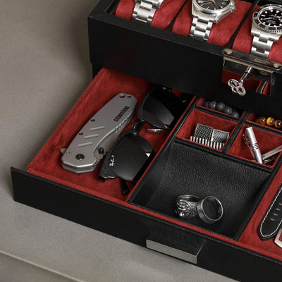 Rothwell 10 Slot Watch Box With Drawer (Black / Red)