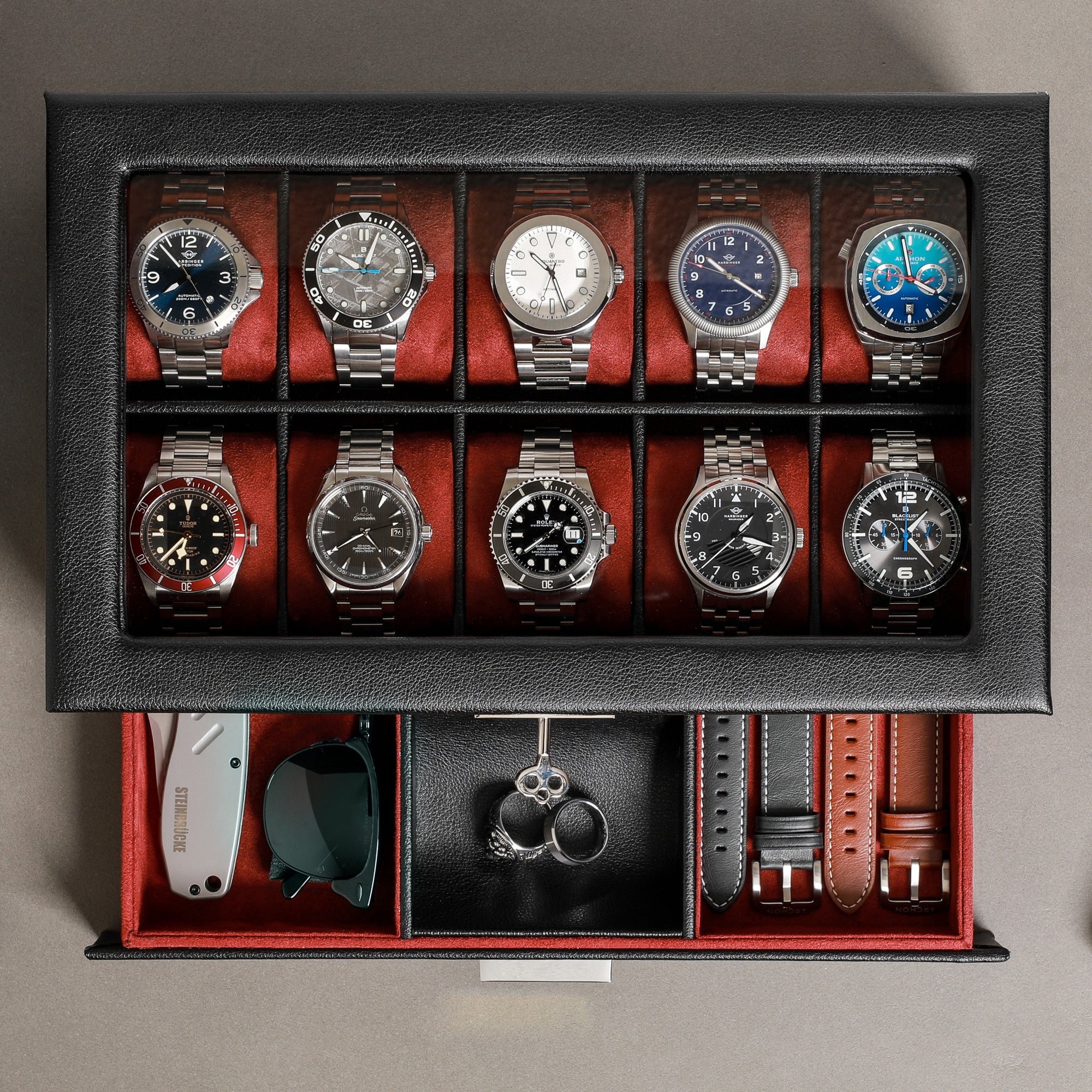Rothwell 10 Slot Watch Box With Drawer (Black / Red)