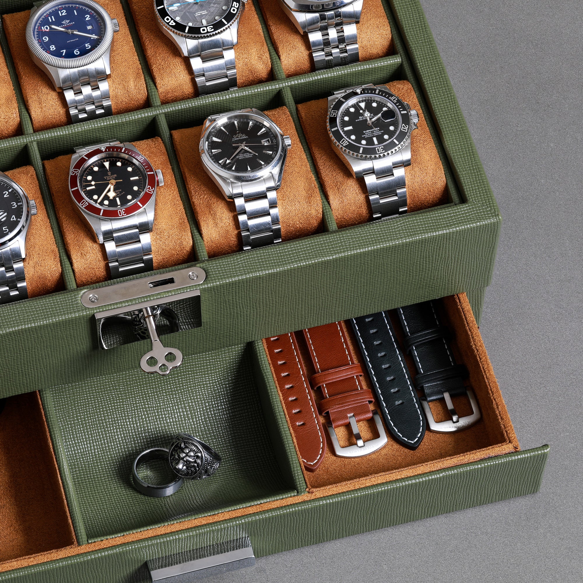 Rothwell 10 Slot Watch Box With Drawer (Green Tan) Blacklist