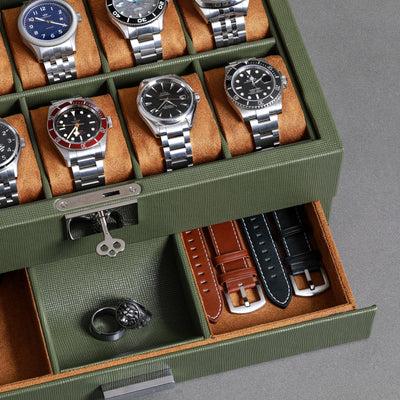 Rothwell 10 Slot Watch Box With Drawer (Green / Tan)