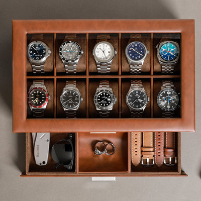 Rothwell 10 Slot Watch Box With Drawer (Tan / Brown)