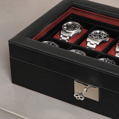Rothwell 10 Slot Watch Box (Black / Red)