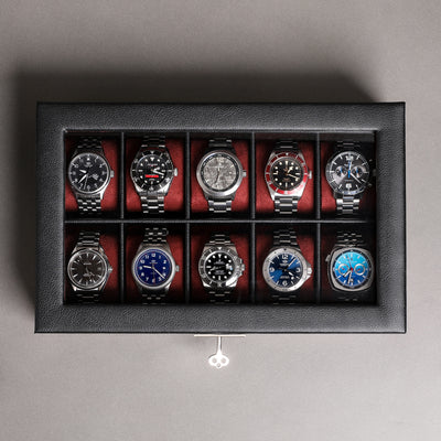Rothwell 10 Slot Watch Box (Black / Red)