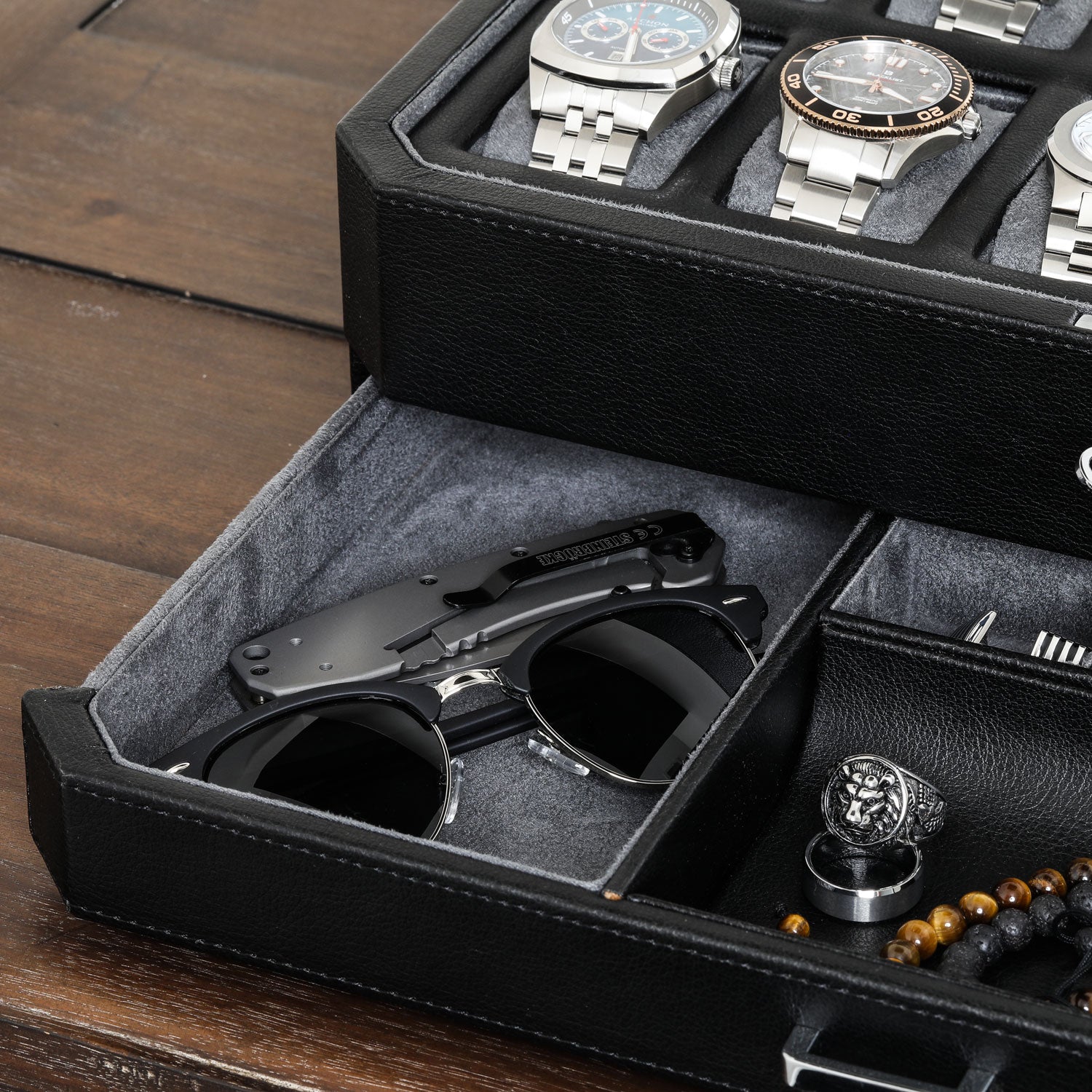 Rothwell 12 Slot Watch Box With Valet Drawer (Black / Grey) - Blacklist  Watches