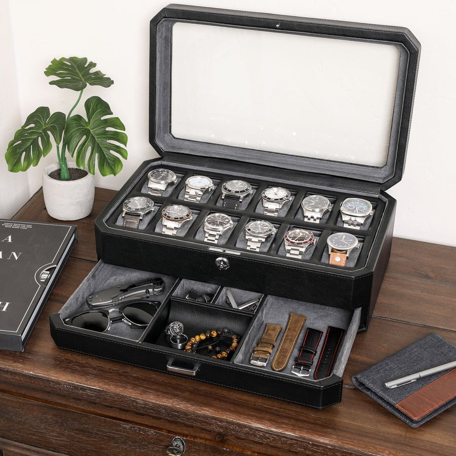 Rothwell 12 Slot Watch Box With Valet Drawer (Black / Grey)