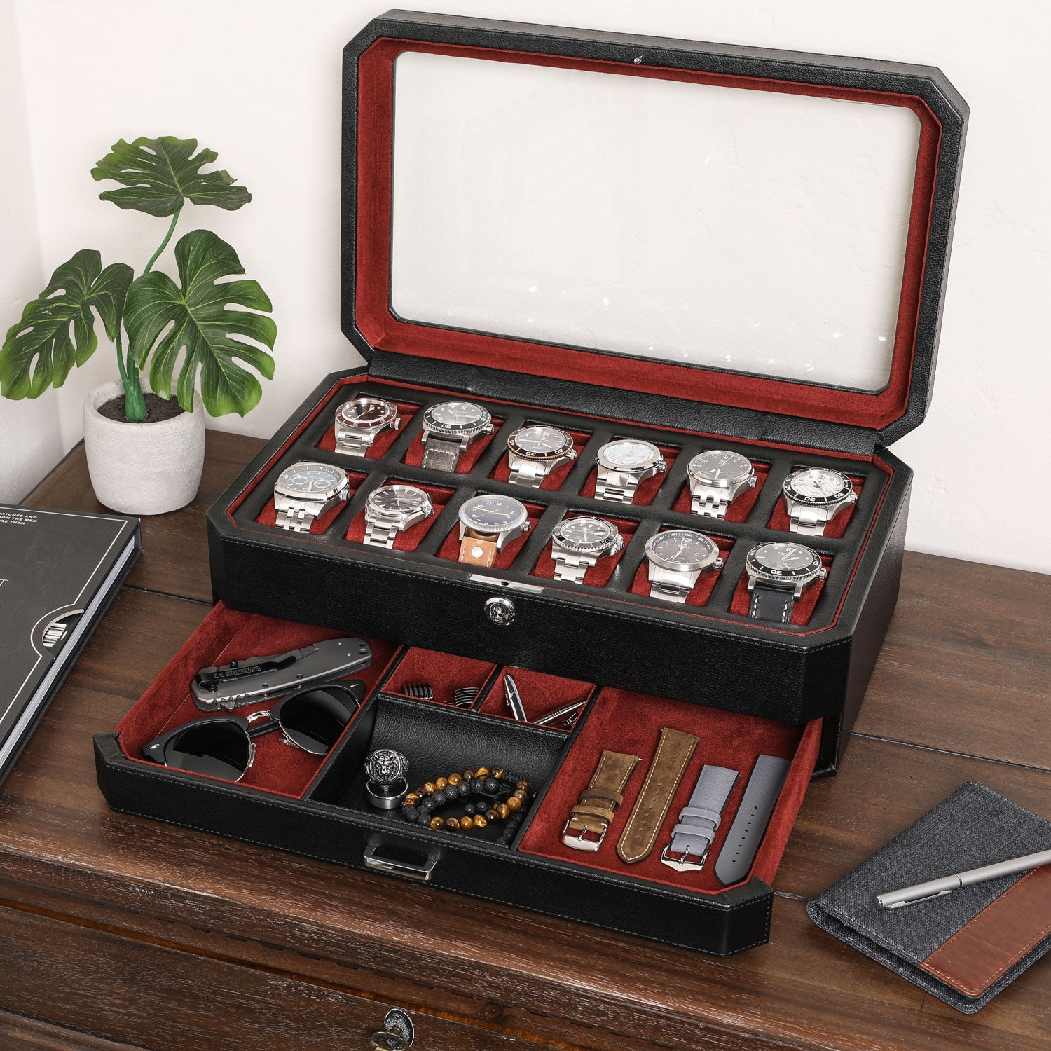 Rothwell 12 Slot Watch Box With Valet Drawer (Black Red