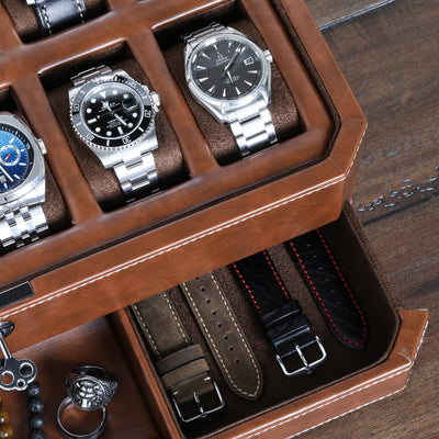 Rothwell 12 Slot Watch Box With Valet Drawer (Tan / Brown)
