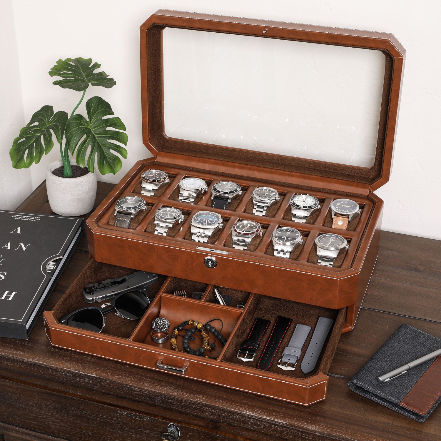 Rothwell 12 Slot Watch Box Valet Drawer / Brown) Blacklist Watches