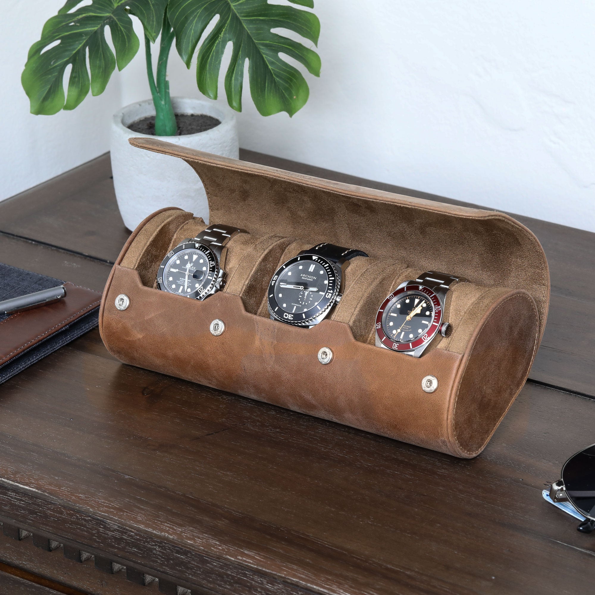 Watch Roll for 6 Watches - Tan - Smooth Leather