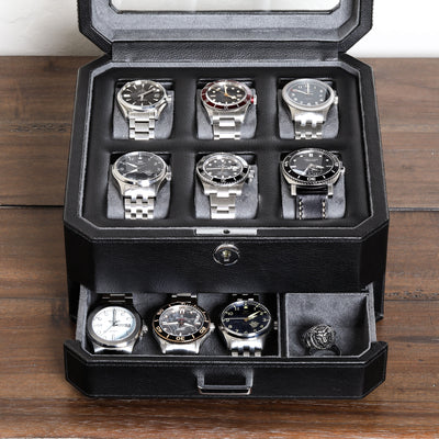 Rothwell 6 Slot Watch Box With Valet Drawer (Black / Grey)