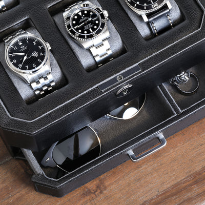 Rothwell 6 Slot Watch Box With Valet Drawer (Black / Grey)