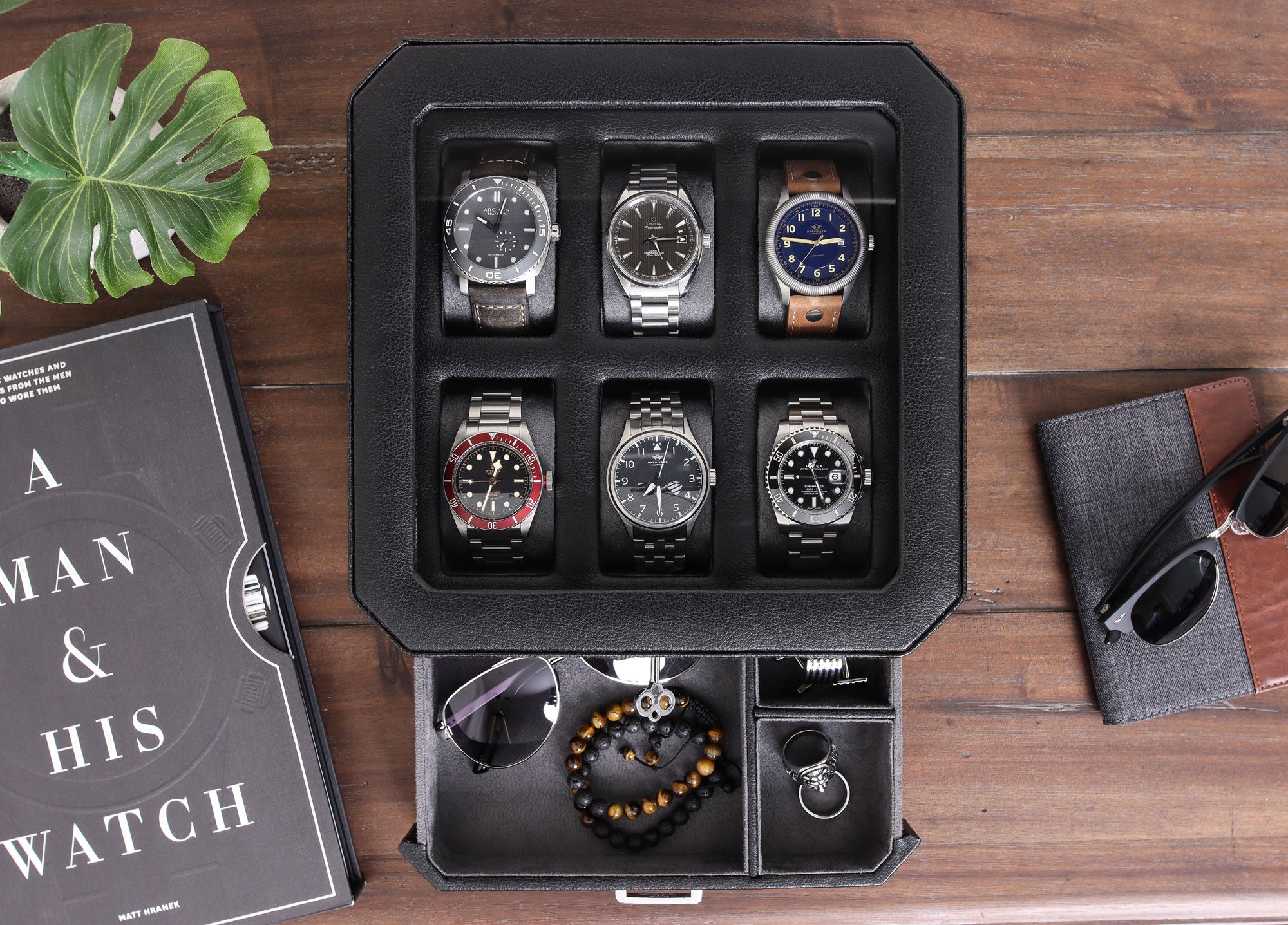 Rothwell Slot Watch Box With Valet Drawer (Black Grey