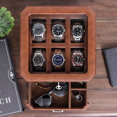 Rothwell 6 Slot Watch Box With Valet Drawer (Tan / Brown)